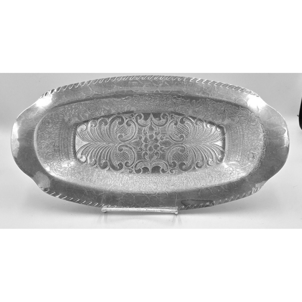 MCM Hammered Aluminum Bread Serving Tray Floral Scroll Repousse Oblong Platter